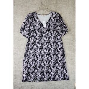 Ann Taylor LOFT Stretch Knit Midi Dress Womens L Black Purple Floral V-Neck NWT